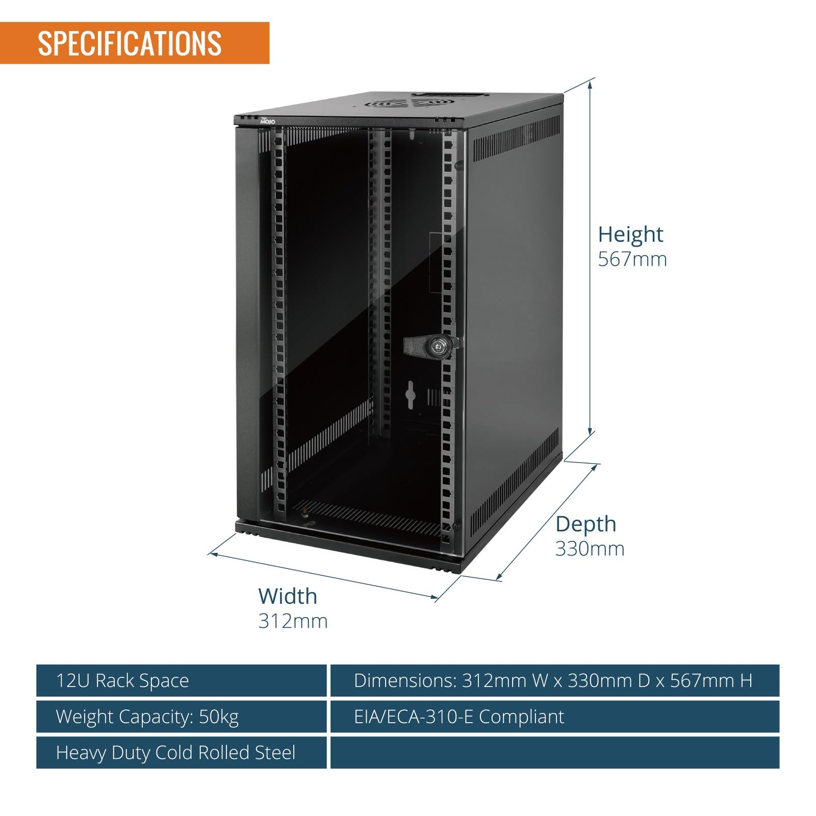 Tecmojo 10 Pulgadas 12U Gabinete de Red para Montaje en Pared, 330mm de Profundidad, con Estante para Rack, Paneles de Cepillos, Organizador de Cables, 50kg, Puerta de Cristal, Negro