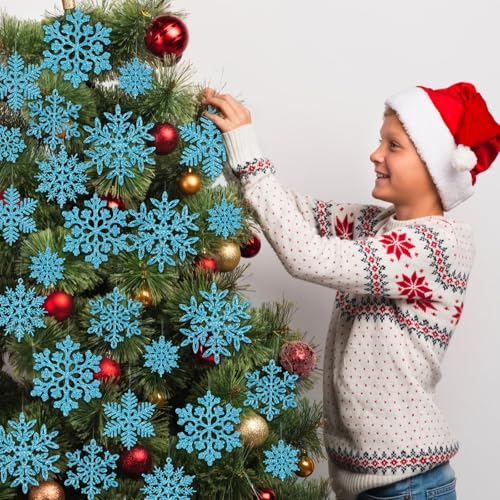 Image of 49Pcs Christmas Ornaments Snowflake Decorations Clearance - Blue Glitter Christmas Ornaments Hanging Snowflakes for Winter Christmas Tree Wall Ceiling Window Ornaments