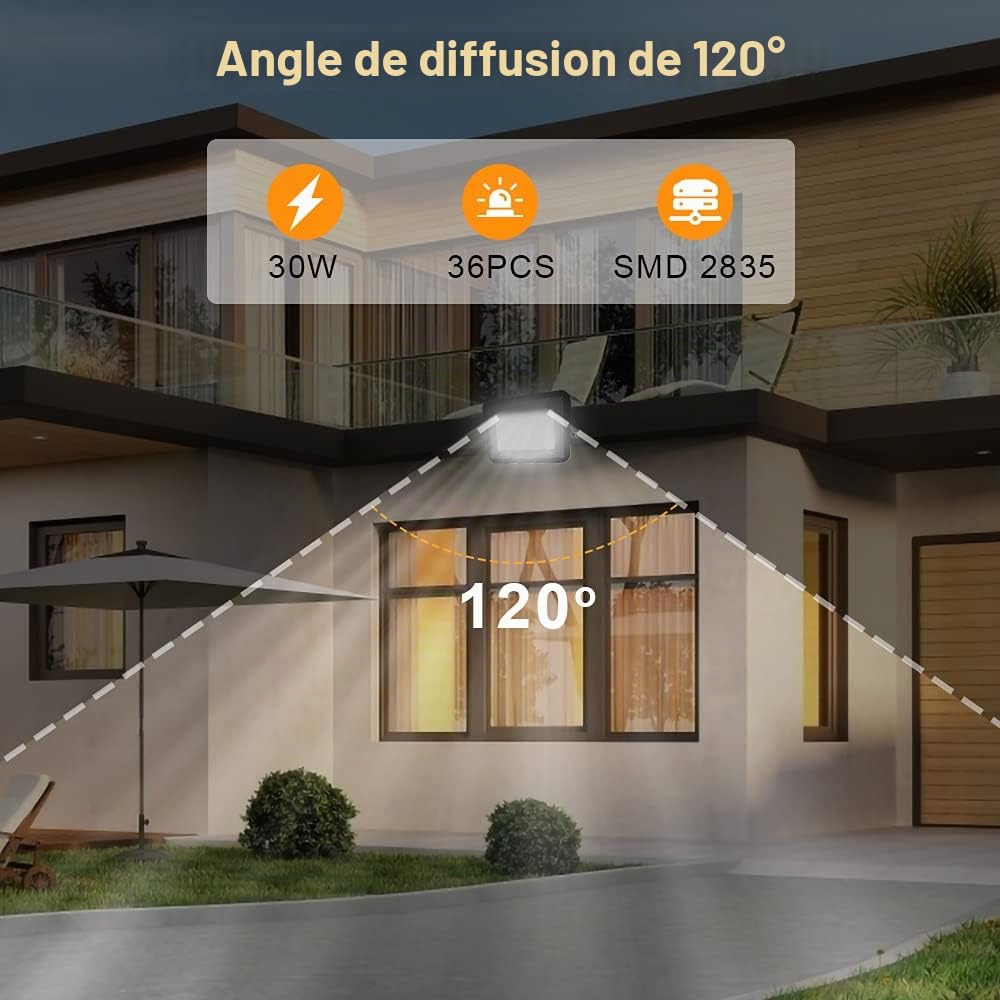 Lospitch 10X d'extérieur pour projecteur à LED 30W, étanche IP66, projecteur de sécurité extérieur blanc chaud 2550LM 3000K, pour la déco de garage de jardin de toit d'entrepôt de cour