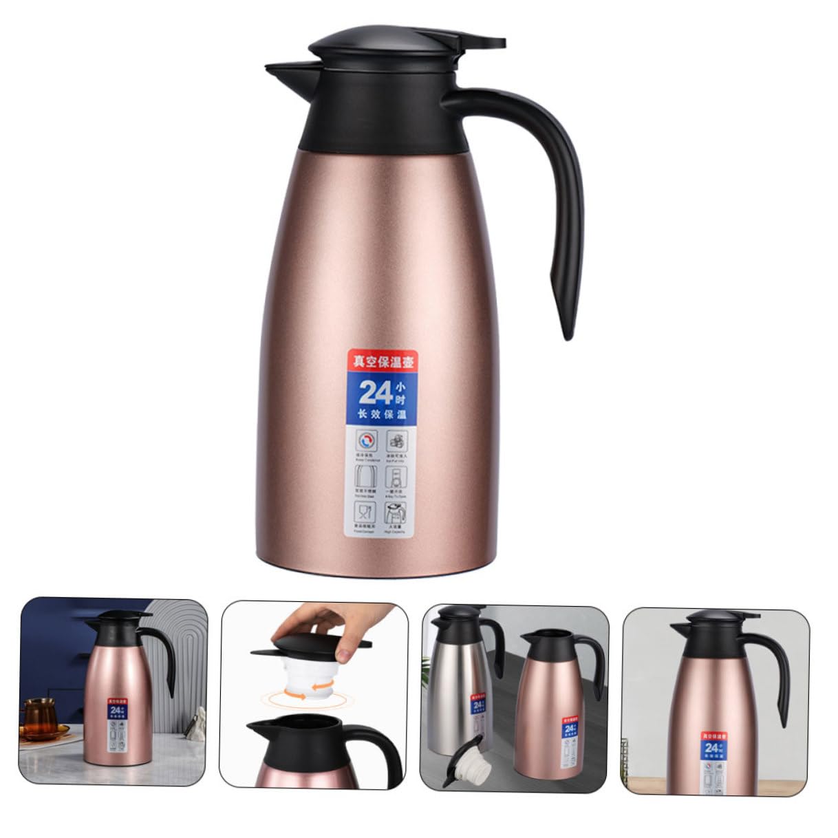 Isolierte Kaffeekanne aus Edelstahl 304 2L mit Vakuum Doppelwand und Henkel Große Thermoskanne für Heiße und Kalte Getränke Langanhaltende Wärmespeicherung Rosa