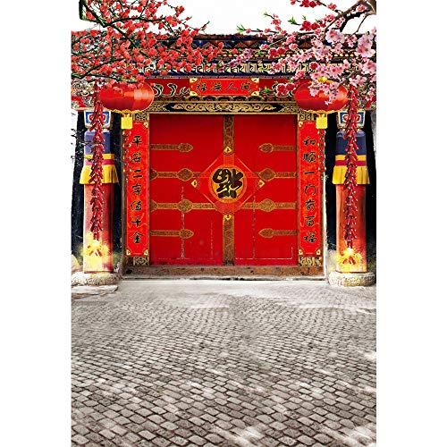 Laeacco Chinese Style Backdrop 5x7ft Vinyl Photography Background Red Gate Ancient Building Classical Architecture New Year Red Lantern Pink Pulm Blossoms Trees