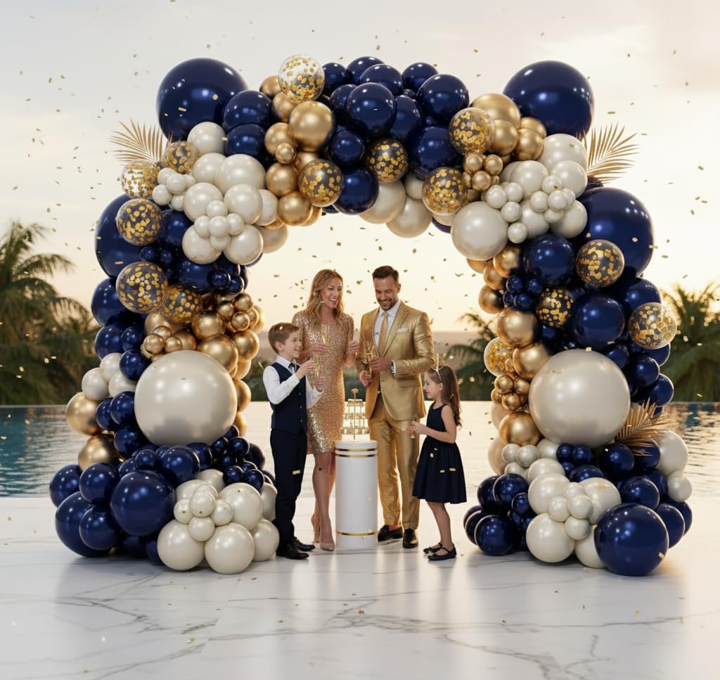 Navy Blue Gold Balloon Arch Garland Kit 153pcs, Double Stuffed Pearl White Royal Blue Chrome Gold Confetti Balloons for Birthday Graduation Baby Shower New Year Bridal Wedding Party Decoration - Image 6