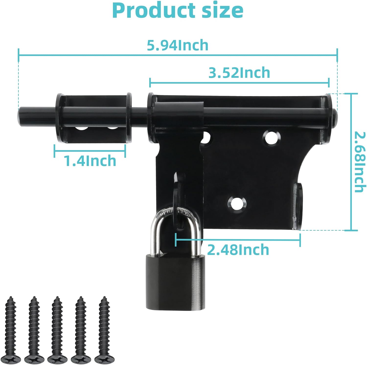 Alise 6 Inch Slide Bolt Gate Latch, Door Lock with Padlock Set, Heavy Duty Stainless Steel Barrel Bolts Safety Door Lock for Wooden Fence, Outdoor Fence,Shed Door Black