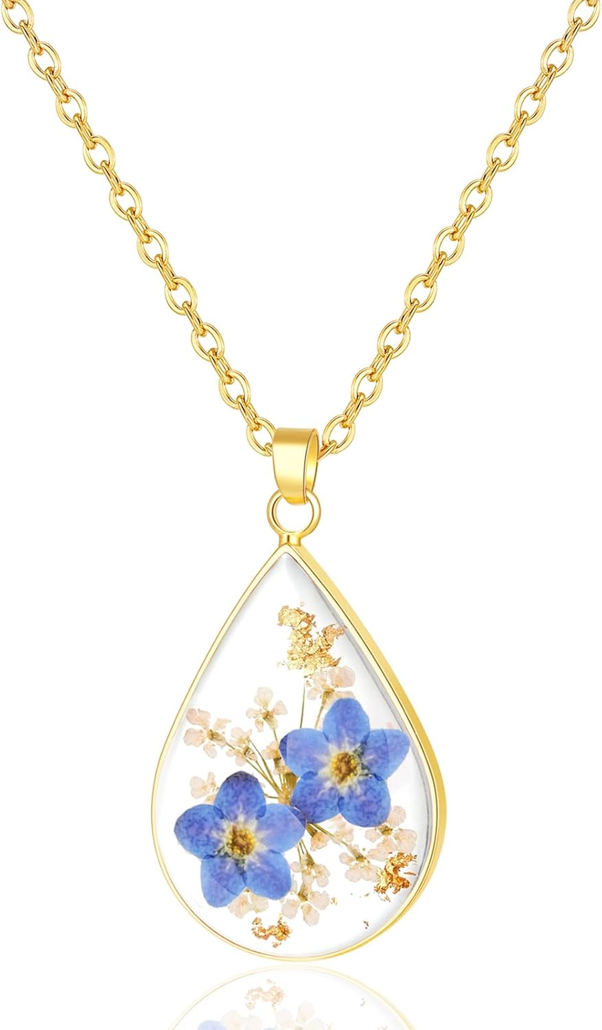 Hefestus Real Pressed Flower Necklace for Women, Handmade Boho Chic Dangle Design, Unique Floral Jewelry, Cute and Thoughtful Gift for Christmas, Valentine’s & Mother’s Day