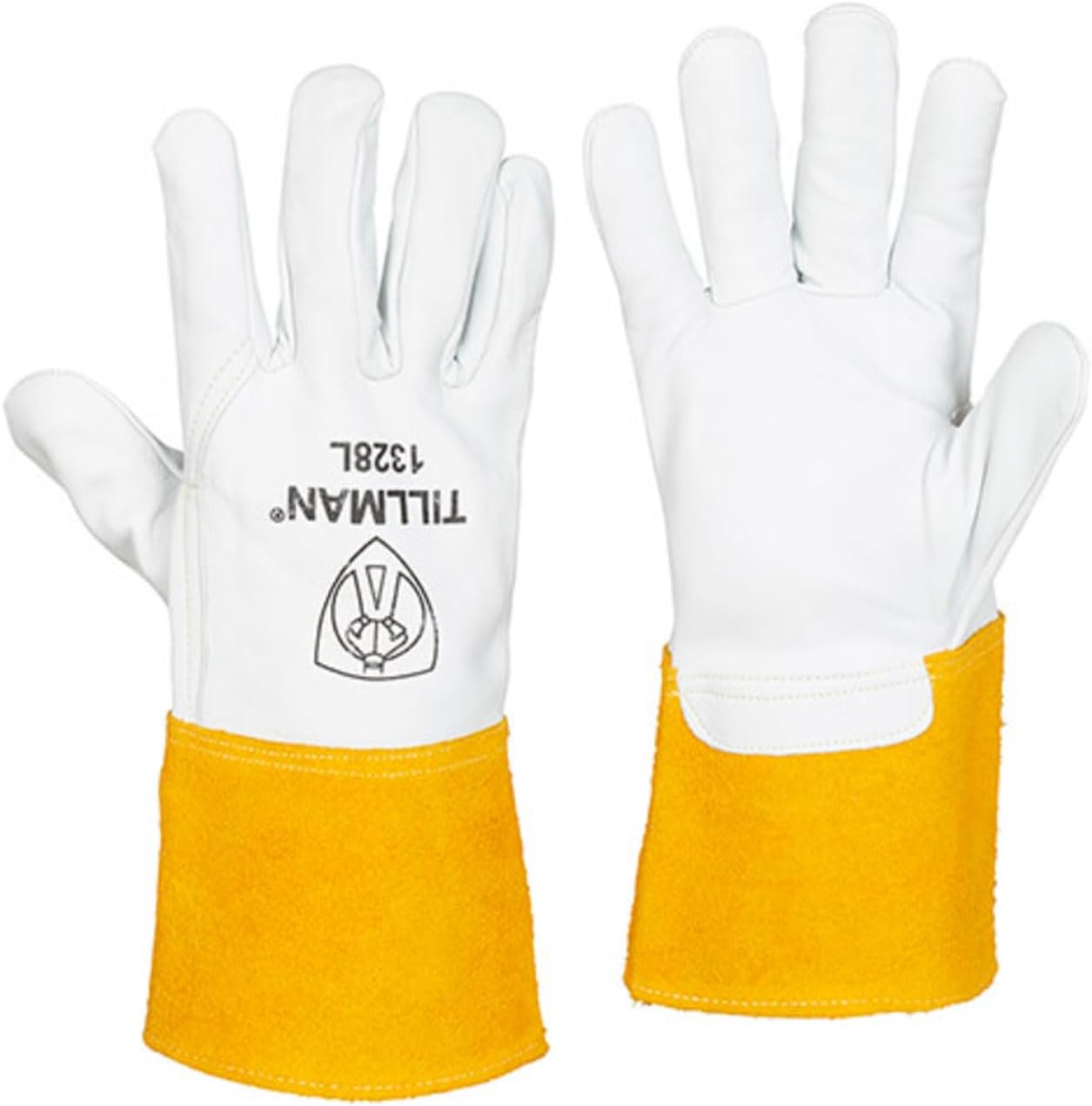 John Tillman and Co Tillman Large 13" Pearl and Gold Top Grain Goatskin Unlined TIG Welders Gloves with 4" Cuff and Kevlar Thread Locking Stitch (Carded), 1328L
