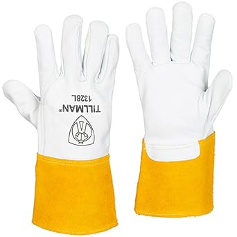 John Tillman and Co Tillman Large 13" Pearl and Gold Top Grain Goatskin Unlined TIG Welders Gloves with 4" Cuff and Kevlar Thread Locking Stitch Carded, 1328L