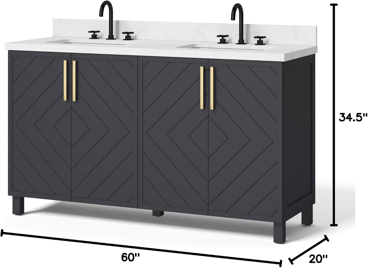Roundstone Midnight Blue 60-Inch Double Bathroom Vanity with Double Sink, Solid Wood Cabinet, Adjustable Shelves, Pre-Drilled Marbled White Stone Top, Backsplash, Freestanding, Fully Assembled
