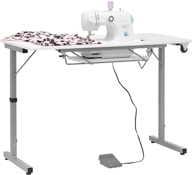 Sew Ready Portable Sewing Table, Computer or Office Desk with Foldable and Rollaway Design, 40.5 Wide Tabletop for Arts and Crafts, Silver/White