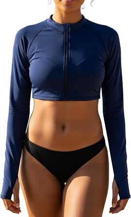 SwimZip Women's Long Sleeve Crop Top Rash Guard Swim Shirt - UPF 50+ with Zipper