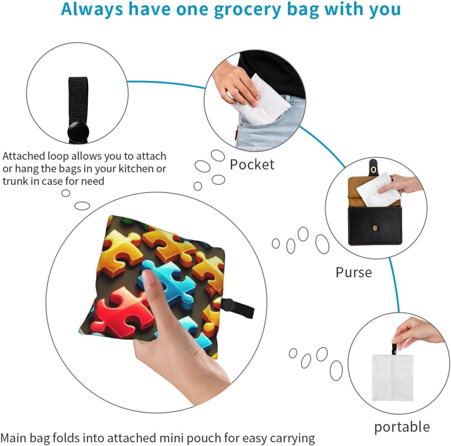 Autism-Jigsaw-Puzzle-Pieces Reusable Foldable Shopping Bag, Portable Grocery Bag For Daily Use image 5