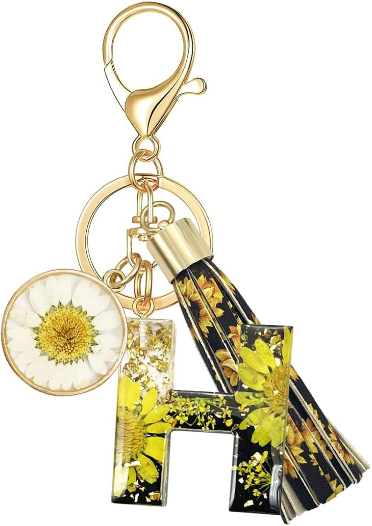 XGALBLA Alphabet Initial Letter Keychain Tassel Sunflower Initial Key Ring for Bag Charm Purse Handbags for Women Girl