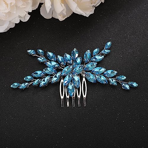 Teyglen Wedding Hair Comb, Lake Blue, Rhinestone Bridal Crystal Hair Side Comb Handmade for Women and Girls
