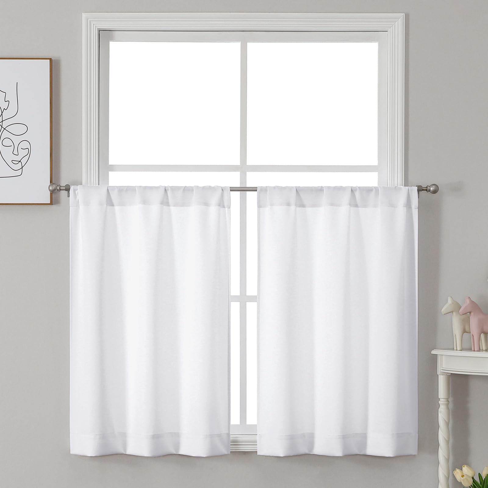 Chyhomenyc Jack White Curtains 24 Inch Length 2 Panels, Faux Denim Fabric Kitchen Cafe Curtains for Bathroom Basement, Small Farmhouse Window Treatments Rod Pocket, Each 30 W x 24 L,2PCS