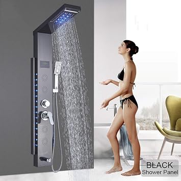 LED Shower Panel System Digital Display Shower Panel Tower Multifunction Stainless Steel Shower System with Rain Shower Head, Handheld Sprayer, Massage Body Jets, Tub Spout,Black