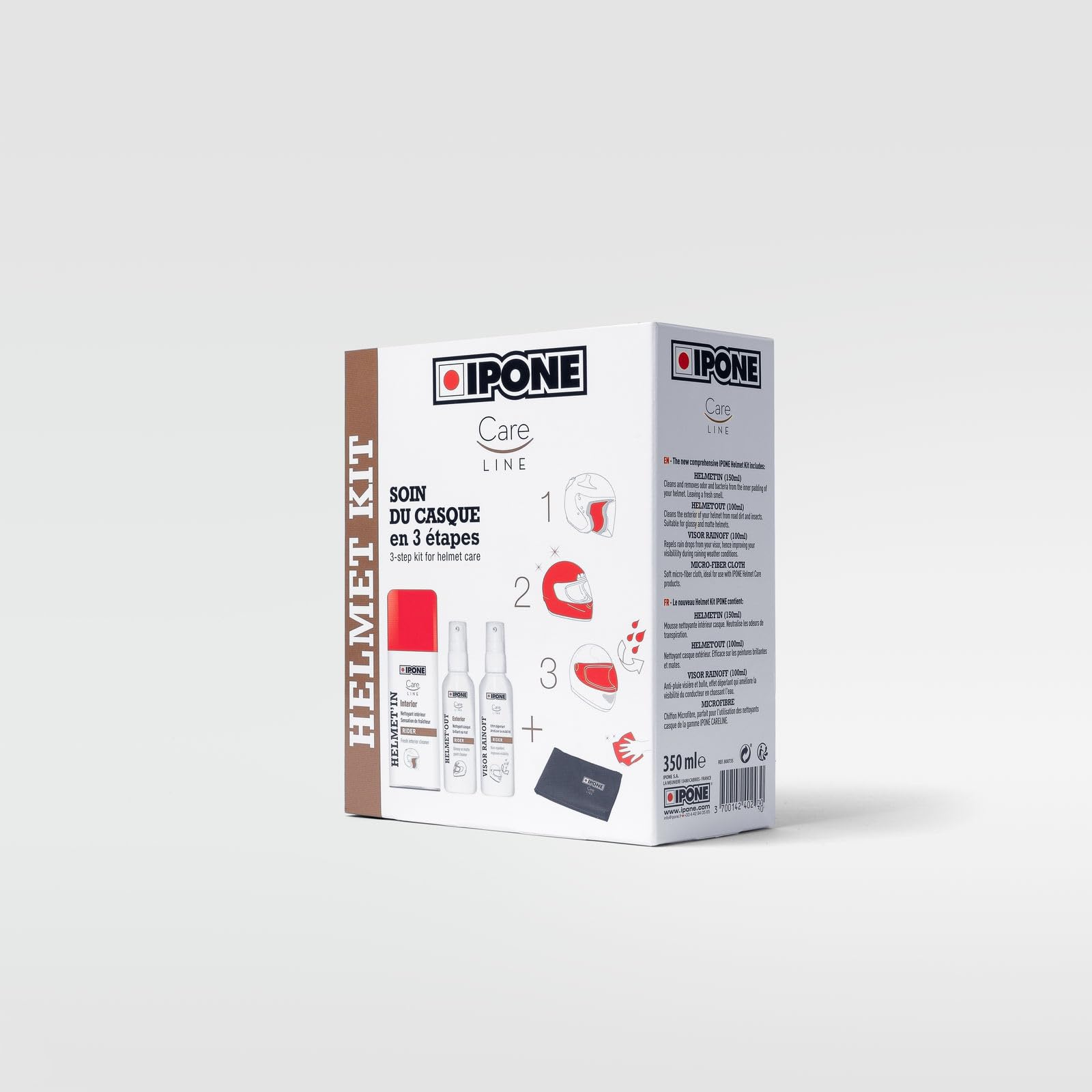 IPONE - Pack Mantenimiento Casco Moto - 1 Limpiador Casco Exterior + 1 Limpiador Casco Interior + 1 Anti-Lluvia + 1 toallita de Microfibra