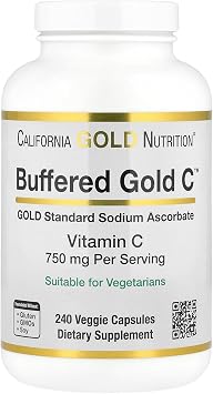 California Gold Nutrition Buffered Gold C Non-Acidic Vitamin C Supplement - Immune Support & Seasonal Wellness - Vegetarian Friendly - Gluten Free, Non-GMO - 750 mg - 240 Veggie Capsules
