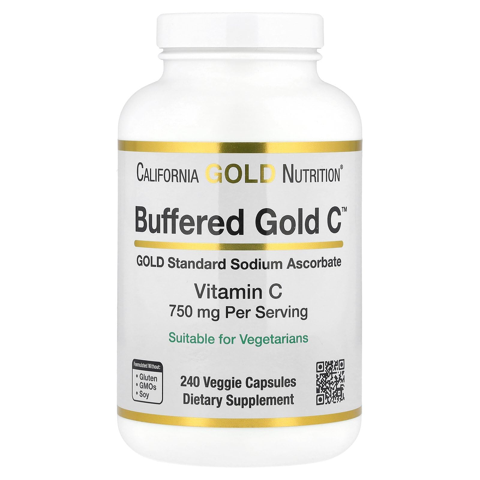 California Gold Nutrition Buffered Gold C Non-Acidic Vitamin C Supplement - Immune Support & Seasonal Wellness - Vegetarian Friendly - Gluten Free, Non-GMO - 750 mg - 240 Veggie Capsules