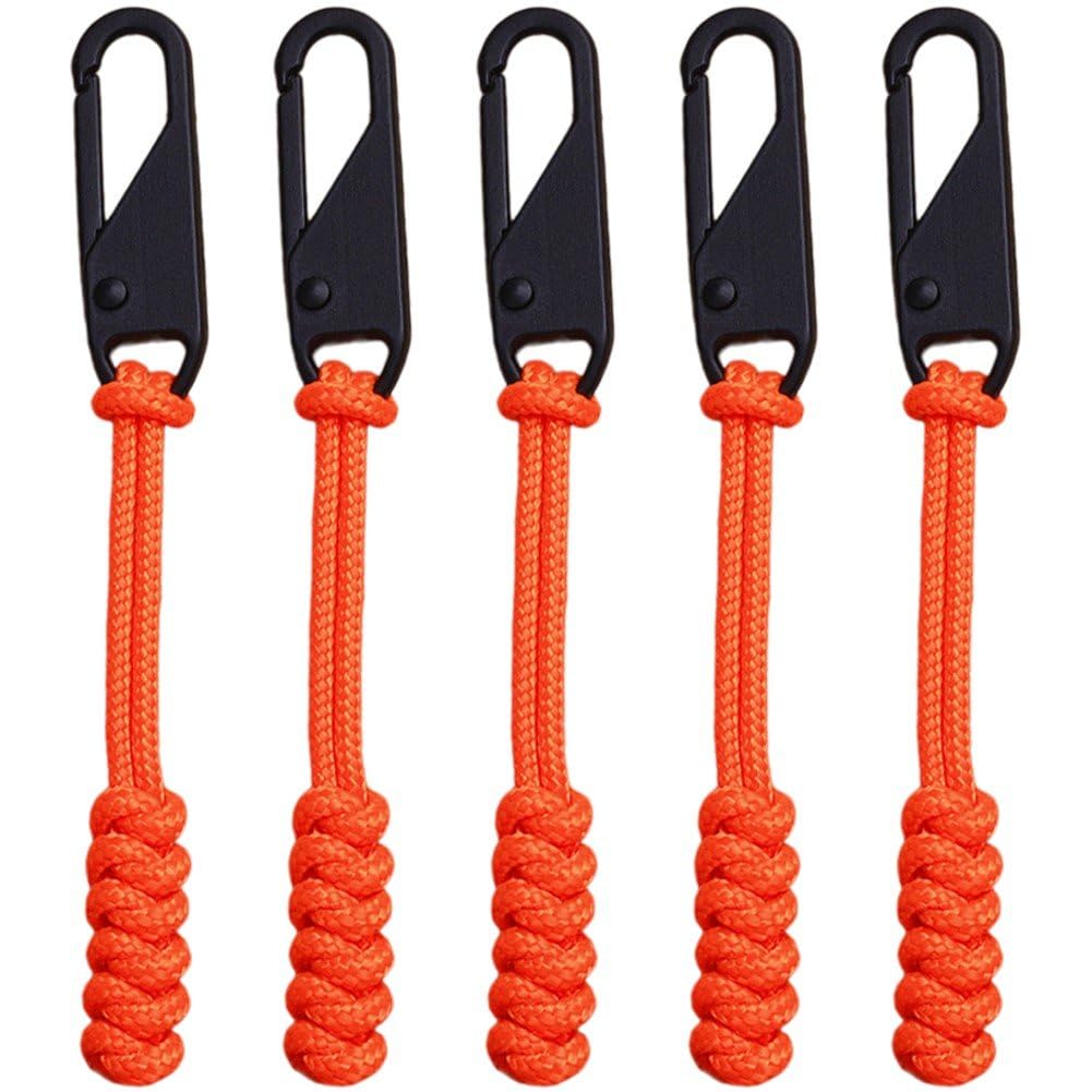 Casiler Orange Zipper Pull 5Pcs Zip Tags Cord Pulls Durable Cord Replacement Zipper Convenient Extend Puller Zipper Extension For Backpacks, Jackets, Luggage,Cases
