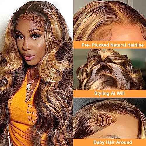 Naliandra Glueless Honey Blonde Lace Front Wigs Human Hair Pre Plucked Bleached Knots,13X4 Body Wave Wigs For Black Women Human Hair 24Inch Ombre 4/27 Highlight Balayage 180 Density #TOP2