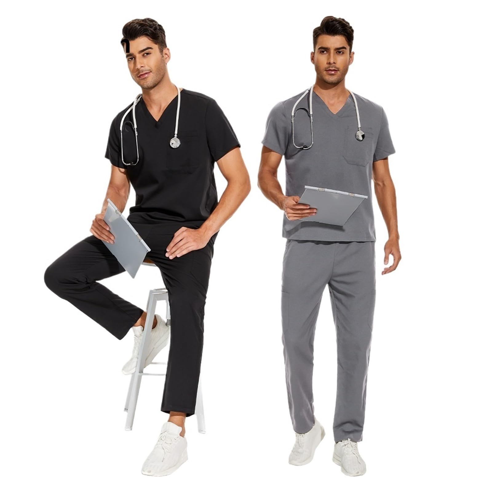 Scrub da Uomo Uniforme da Laboratorio Set da Clinica Maschile for Medico ospedaliero Tuta con Scollo a V Scrub Abbigliamento da Infermiera for Farmacia(42019-Black,S)
