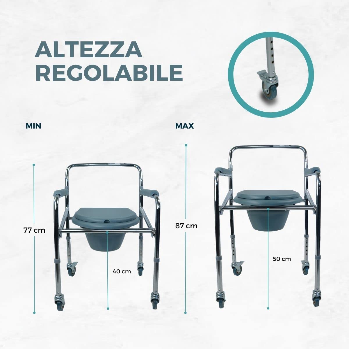 Mobiclinic®, Sedia WC, Pieghevole, WC portatile, Secchio rimovibile, Braccioli, Sedile ergonomico, Fino a 100 kg, Ruote con freno, Piedini antiscivolo, Acciaio, Leggero, Muelle