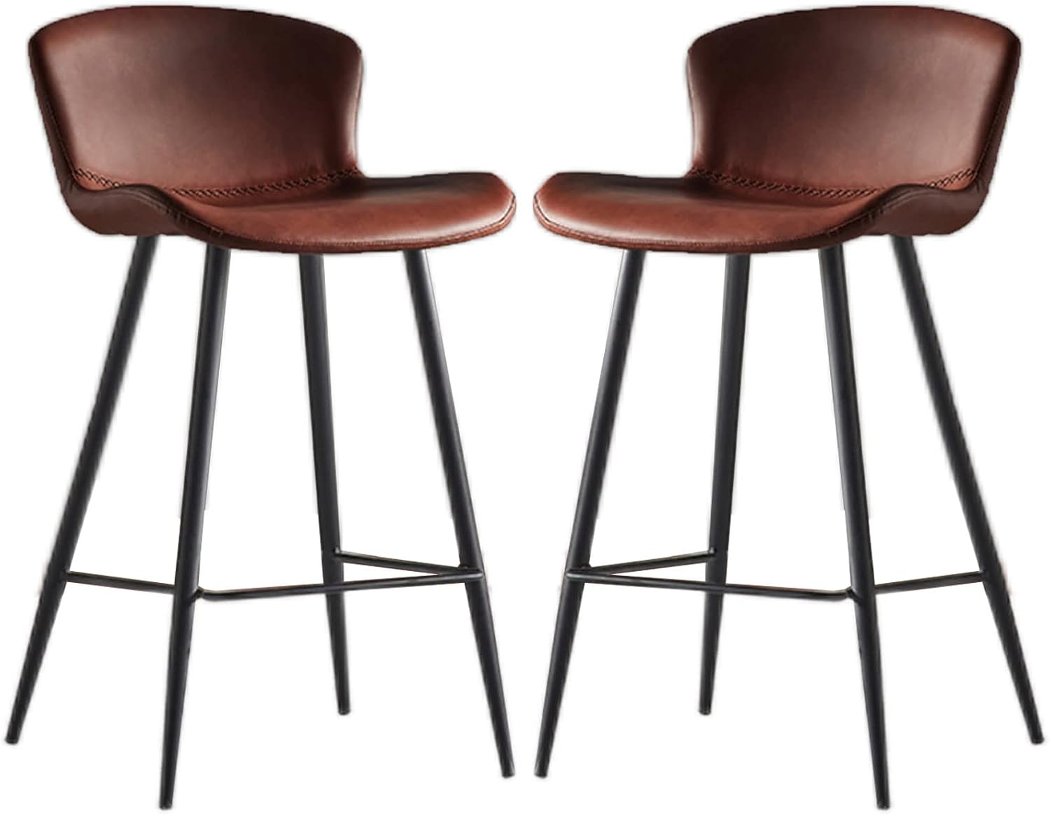 Metal Bar Stools Counter Height Indoor Outdoor Barstools, Faux Leather Upholstered Fixed Height High Chairs Kitchen Island Chairs, 25.6 inches Sitting Height, Set of 2