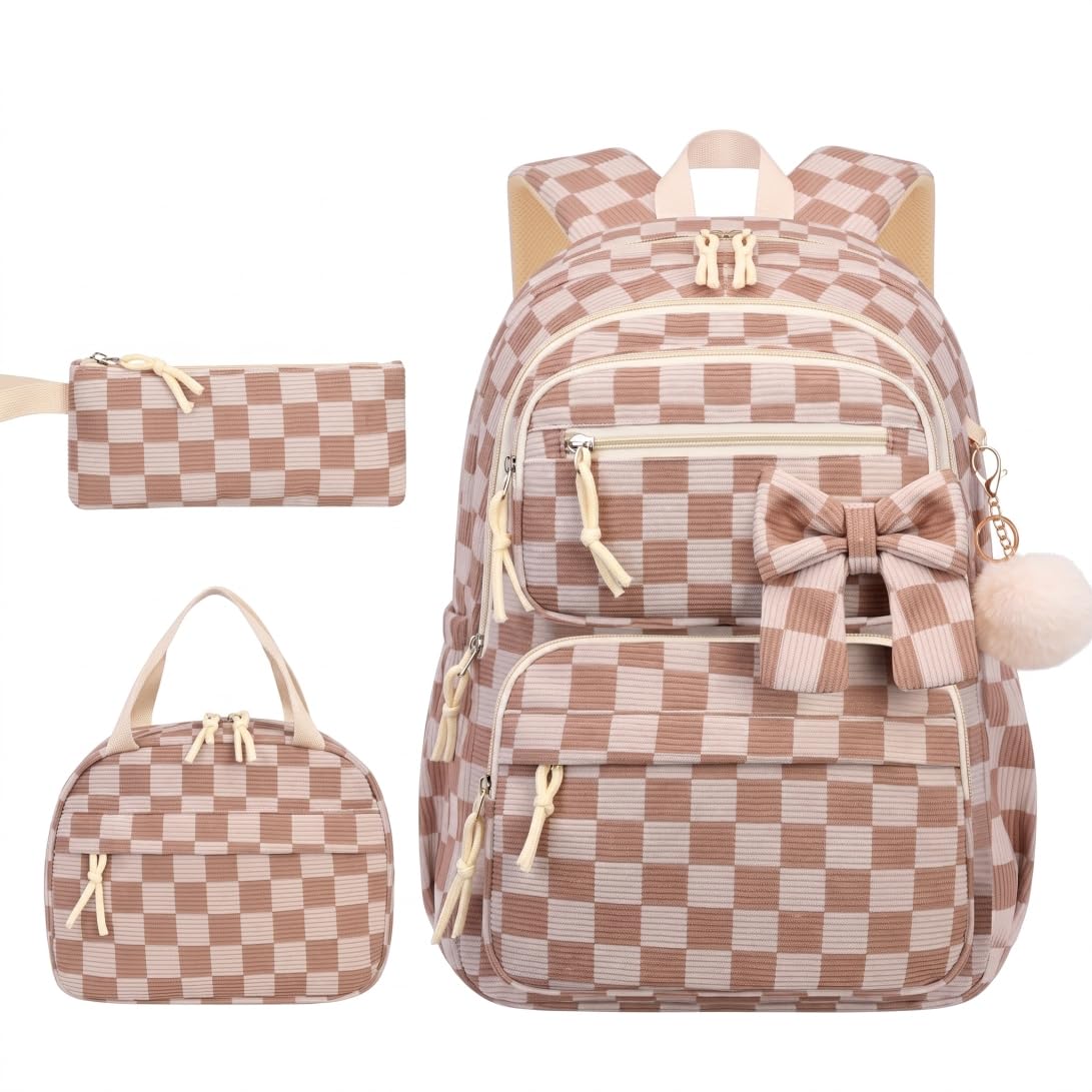 Mochila a Cuadros para niñas de 3 Piezas, Mochila espaciosa de Pana con Fiambrera
