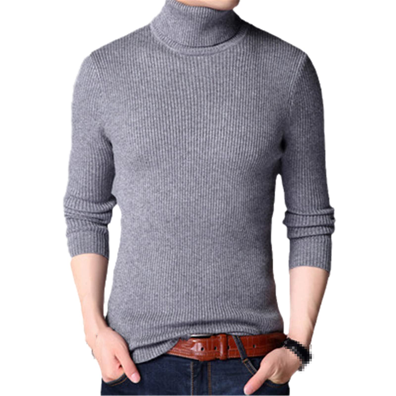 Vogrtcc Męski wąski jednolity kolor golf sweter zimowy długi rękaw ciepły dzianinowy sweter dół koszula, Ciemnoszary 1, XL