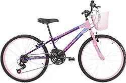 Bicicleta Feminina Infantil Aro 24 Quadro Wendy Adesivo Brilhoso 18 Marchas Com Cestinha Dianteira Rosa