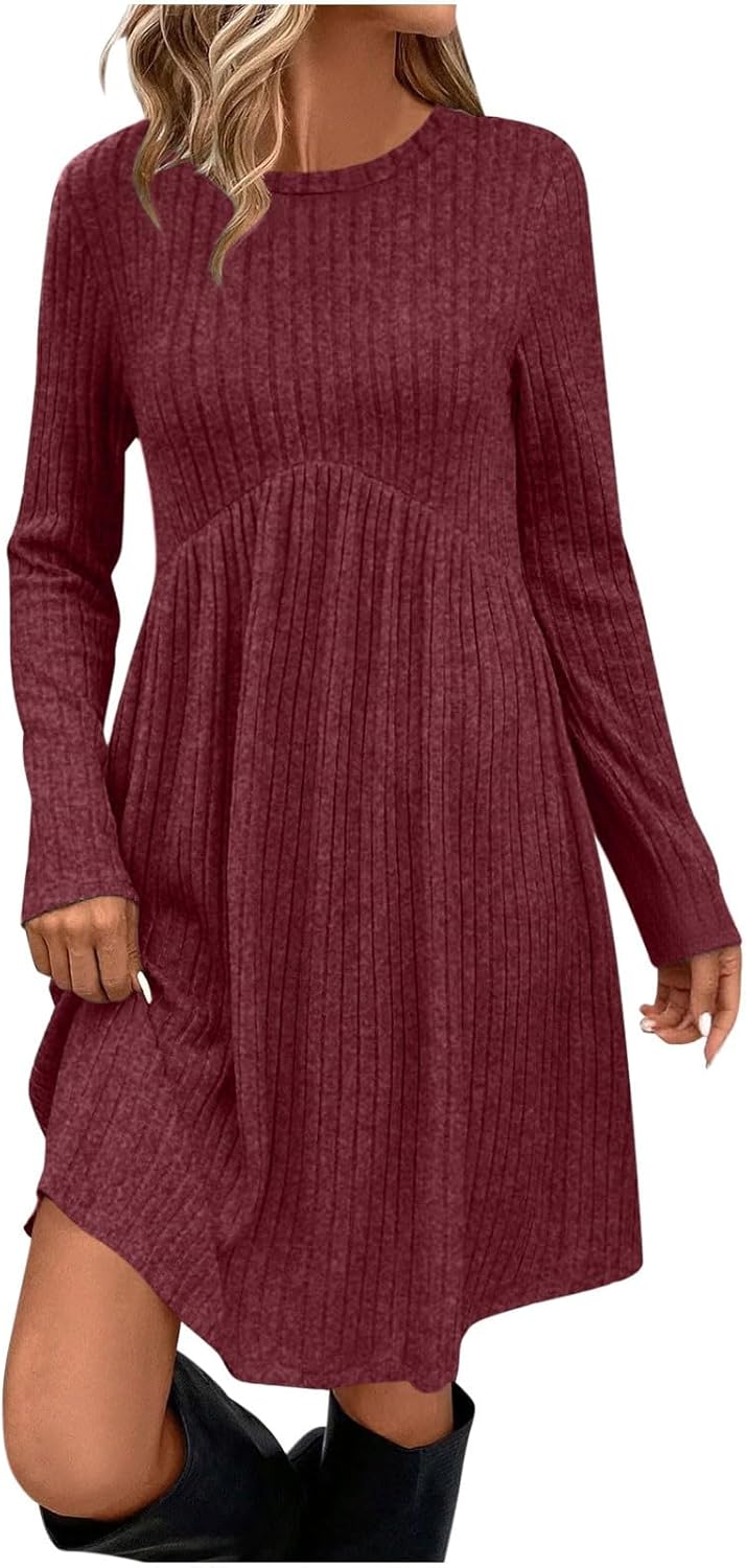 JOAU Long Sleeve Shirt Dress for Women Crew Neck Empire Waist Ribbed Knit Tunic Dresses Casual Knee Length Sweater Dress