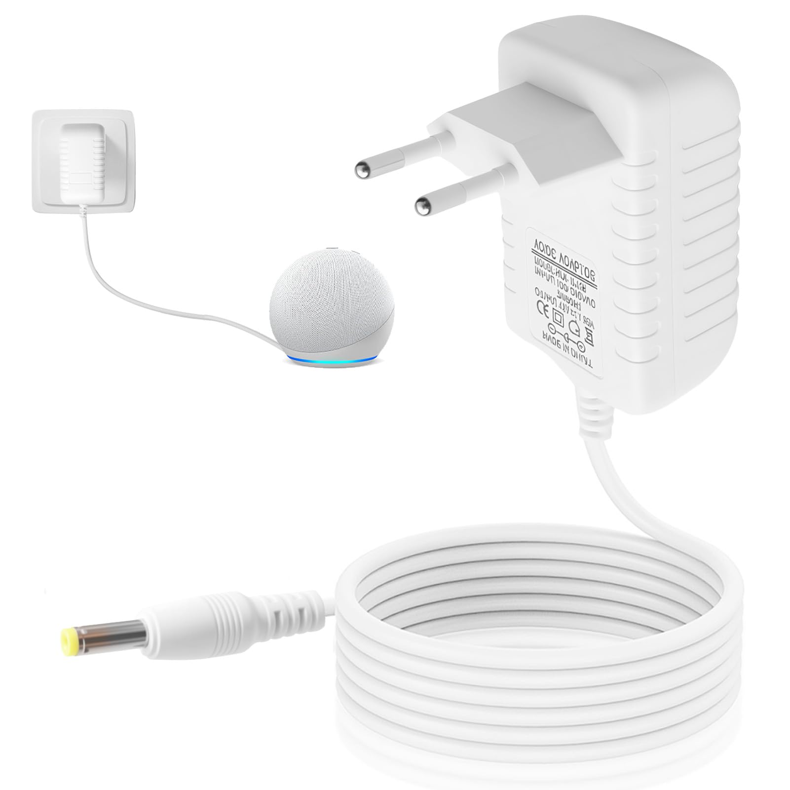 15W Cargador para Alexa Echo Dot 3/4/5 Generación, Echo Pop, Show 5, Spot, Fire TV Cube - Adaptador de Corriente 12V 1.25A 4.0*1.7mm, Cable for Alexa de 2M, Fuente de Alimentación de Repuesto Blanco