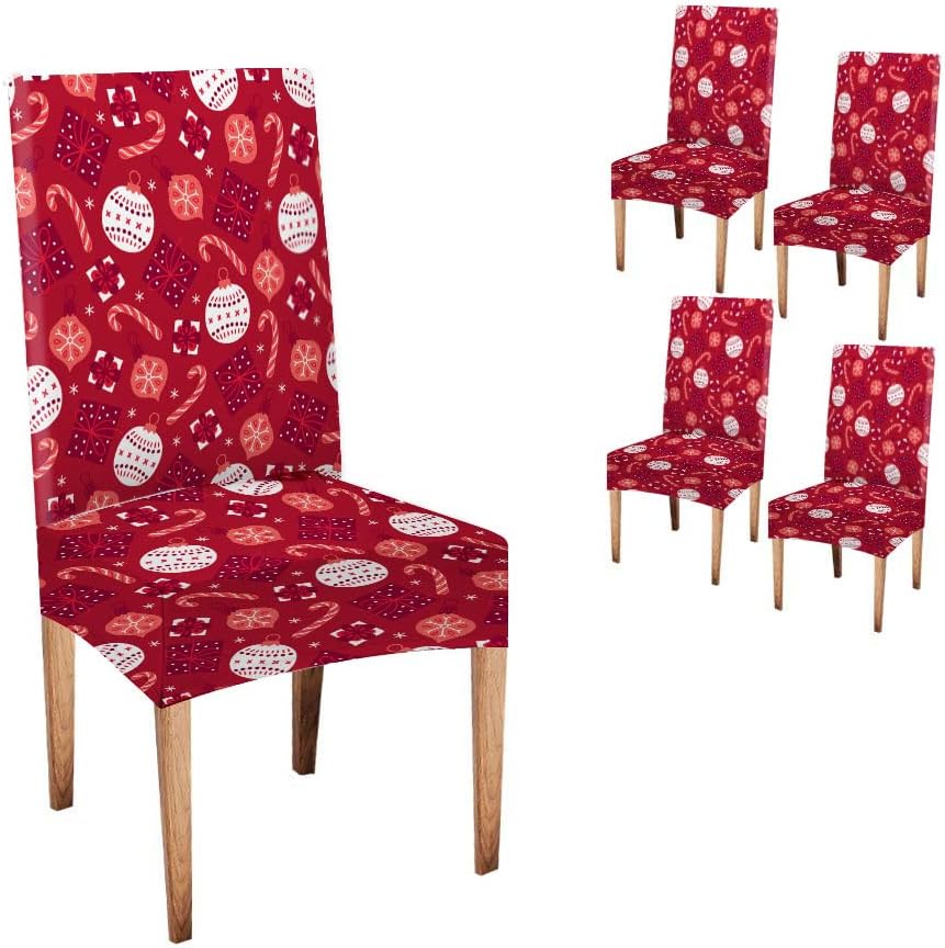 EMMTEEY Christmas Chair Cover Living Room Chair Cover Ball Bauble Candy Snowflake on Red Background Dining Chair Covers Set of 4 for Bedroom Office Dorm Party Restaurants