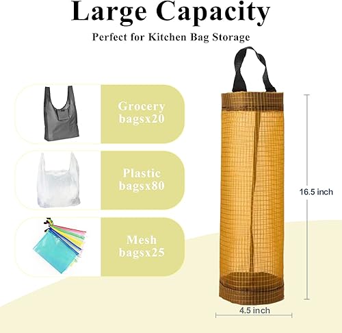 Miniatura 5 de TOGETRUE Soporte para bolsas de plástico, soporte de malla para bolsa de comestibles, dispensador de bolsas de almacenamiento colgantes (amarillo, 2