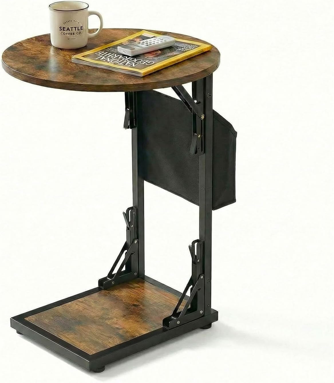 Foldable C Shaped End Table, 15.7" Round Couch Side Table with Storage Pocket, Slides Under Sofa, Heavy-Duty Steel Frame Holds 33 lb, TV Tray & Laptop Table, Rustic Brown/Black