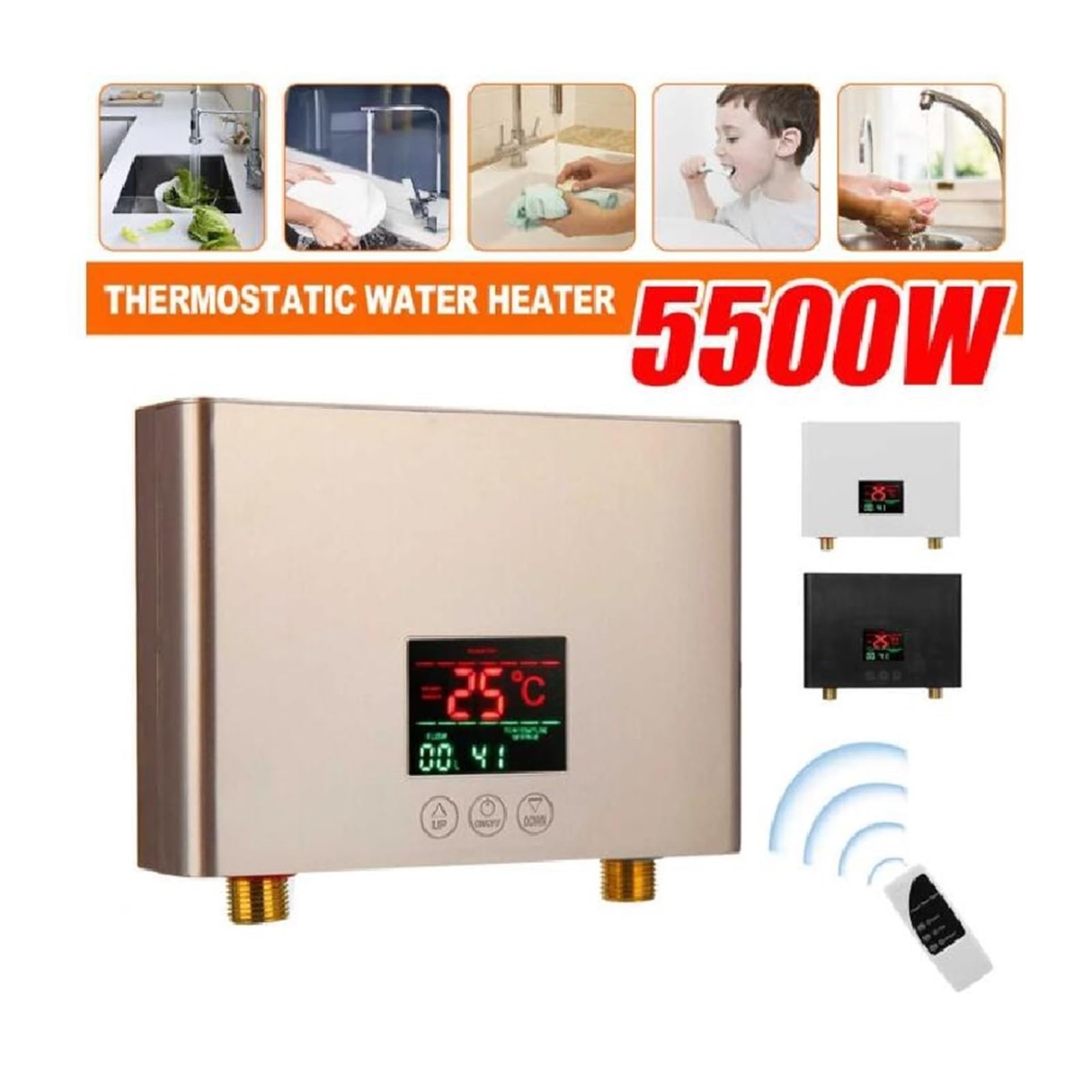 Elektryczny podgrzewacz wody przepływowy, 3000 W / 5500 W Natychmiastowy Elektryczny Podgrzewacz Wody Mini Inteligentna Konwersja Częstotliwości Stała Temperatura do prysznica, łazienki, kuchni(Nero,2