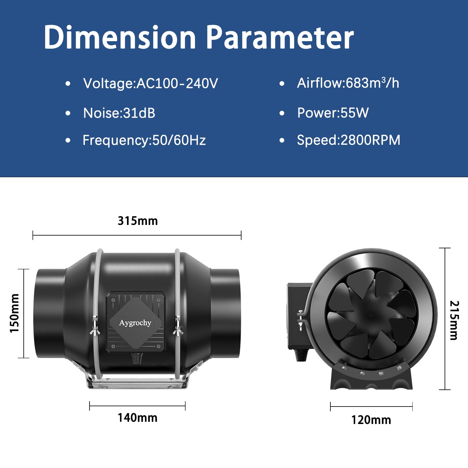 Aygrochy Rohrventilator 150mm Regelbar, Abluftventilator 683m³/h,Inline rohrlüfter für Heizung, Kühlung, Booster, Wachstumszelte, Hydrokulturen, Heimgebrauch, Belüftung und Abluftgebläse.