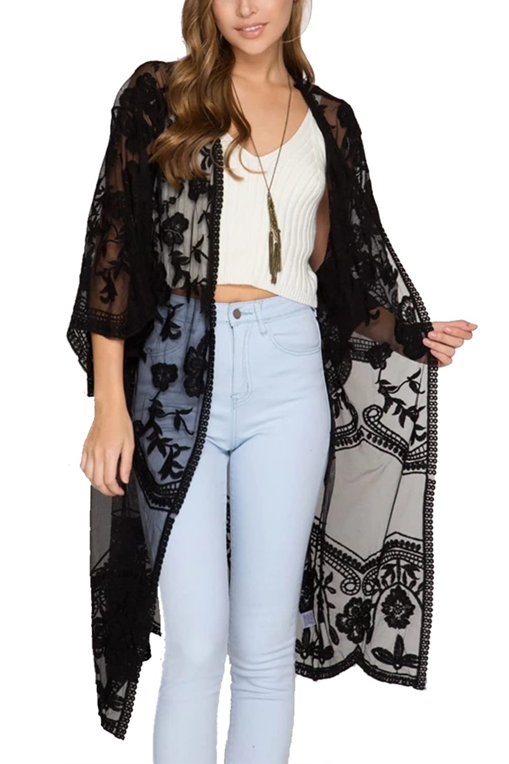 RANMEY Mujeres Vestido Encaje Sexy Habitación Desgaste Vestido de Noche Malla Bordado Cardigan Cuerpo Cubierta Cubierta Traje de baño