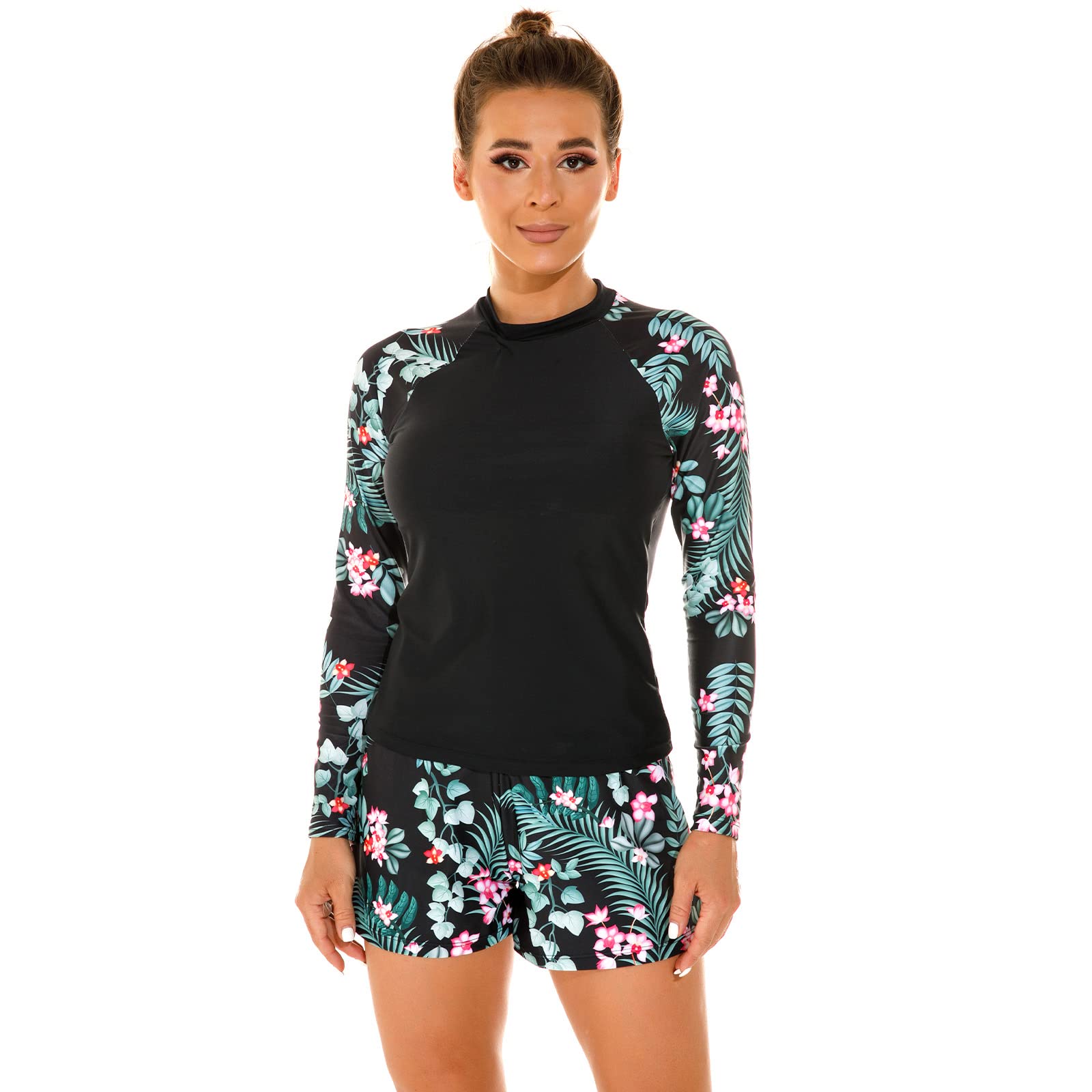 Women 2 Piece Rash Guard Long Sleeve Swimsuits Swim Shirt with Shorts Set Sun Protection UPF 50+ Surf Bathing Suits