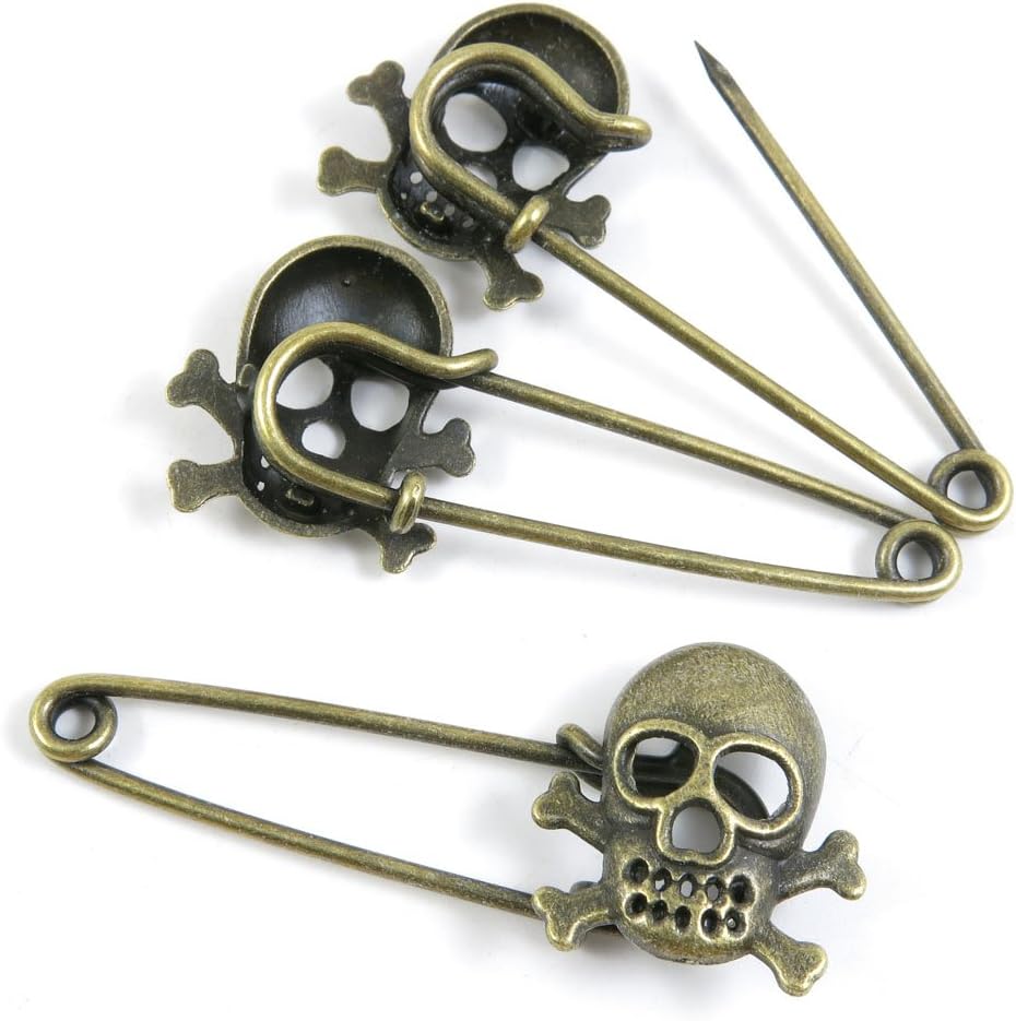 90 PCS Jewelry Making Pin Backs Ancient Antique Bronze Fashion Jewelry Making Crafting Charms Findings Bulk for Bracelet Necklace Pendant A04353 Pirate Skull Safety Pins Brooch
