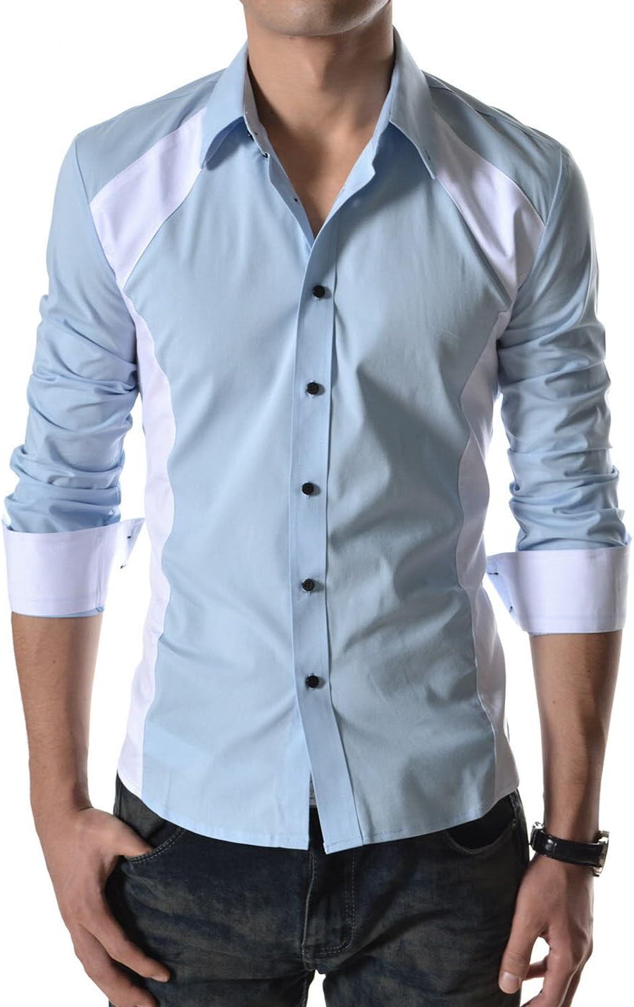 TheLees Mens Casual Slim Fit 2 Tone Long Sleeve Stretchy Shirts