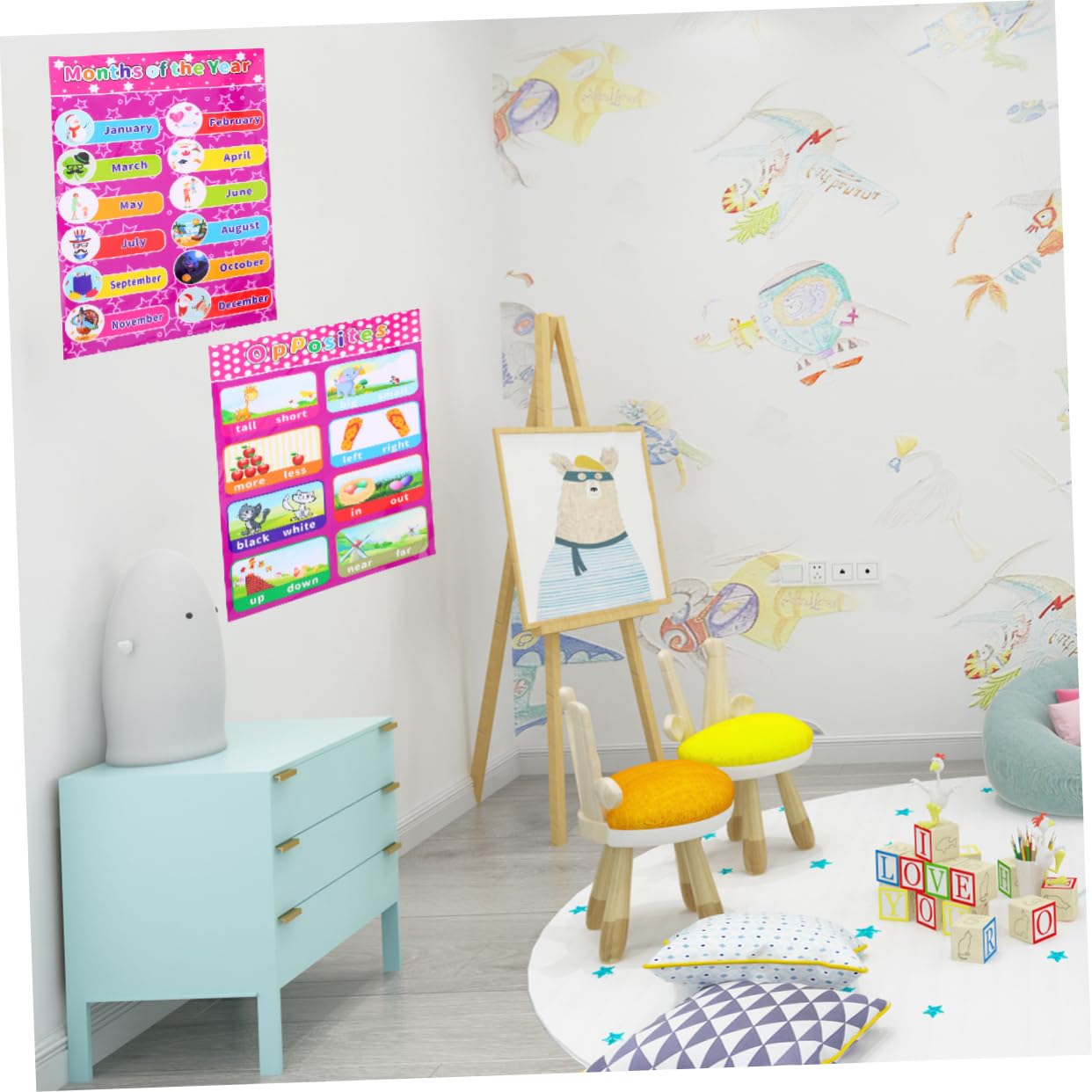 HAPINARY Affiches Éducatives Lot de 14 Réutilisables et Résistantes en Papier Synthétique Posters D'apprentissage en Dessins Animés pour Garçon et Filles pour Chambre de Jeux et Crèche
