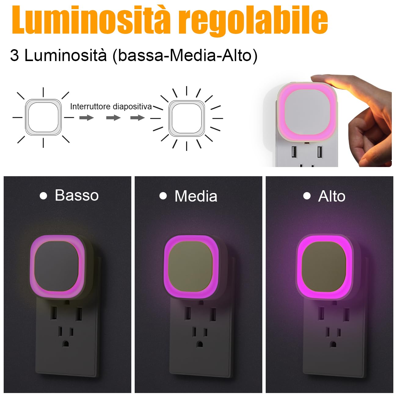 YUNLEX Presa di Luce Notturna con Sensore Crepuscolare, Luce Notturna Bambini 3 livelli di luminosità regolabile per Camera dei Bambini, Bagno, Corridoio, Cucina, Scale (Rosa)