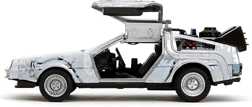 Miniatura 2 de DMC Delorean Time Machine Brushed Metal (Frost Version) Back to The Future (1985) Película Hollywood Rides Series 132 Modelo de auto fundido a