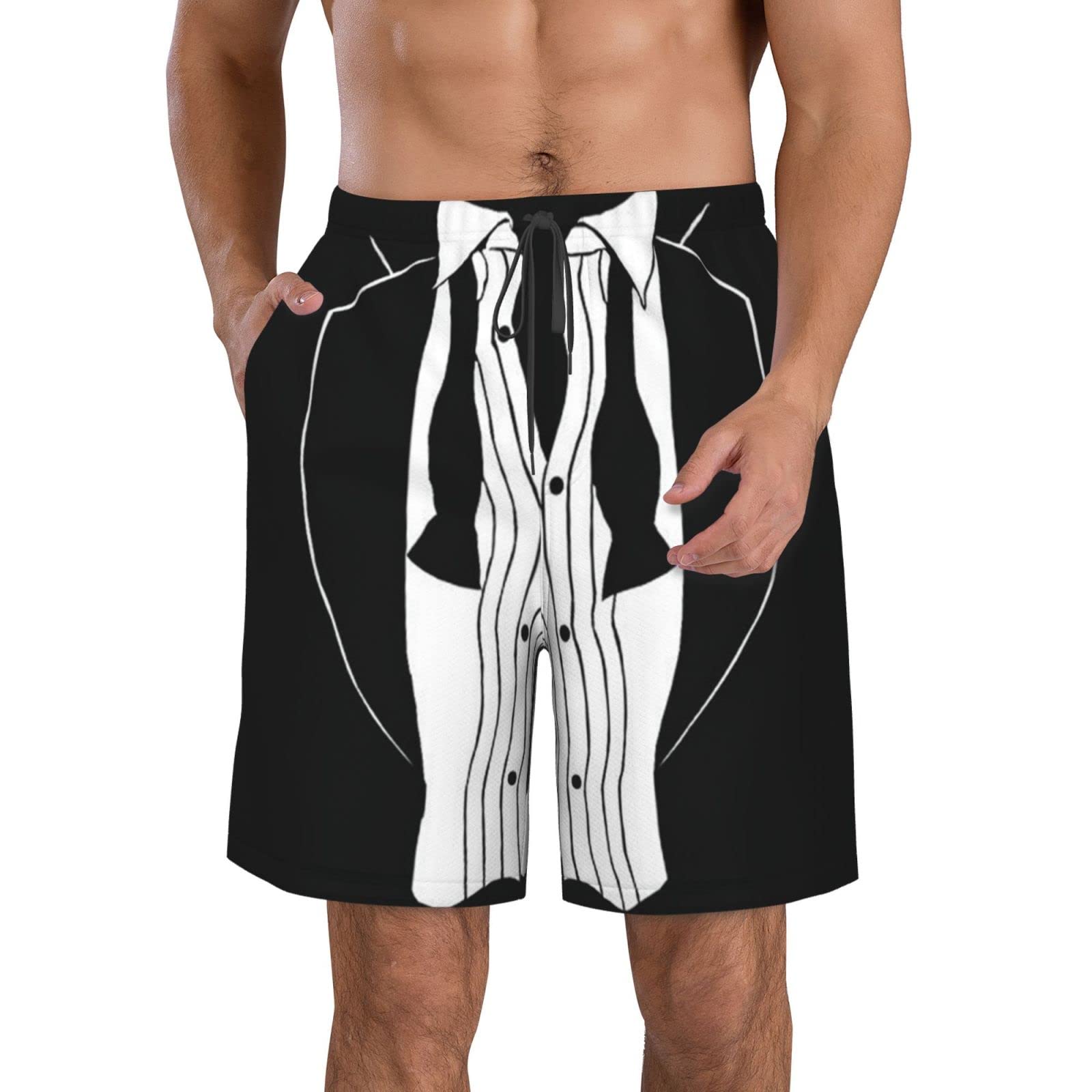 Lsjuee Tuxedo Men's Swim Trunks Beachwear Outdoor Quick Dry Retro Soft Washed Drawstring Board Short