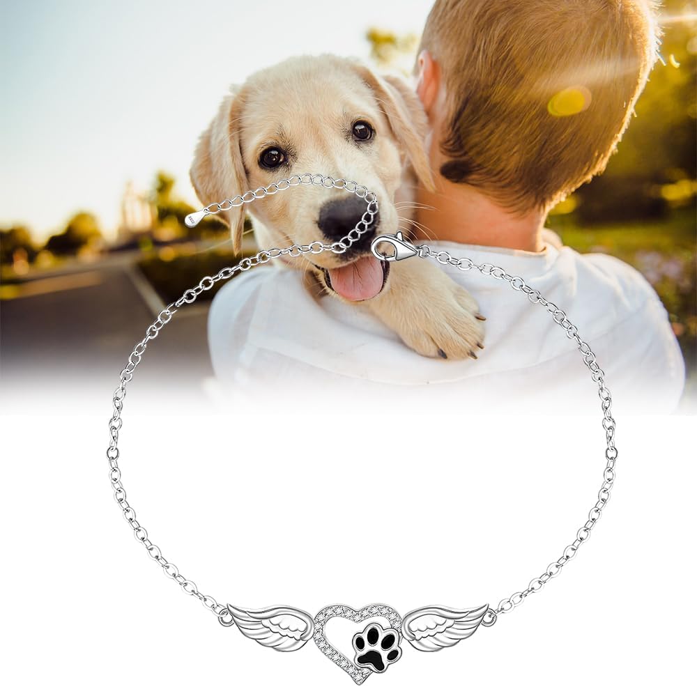 Fenthring Paw Print Ankle Bracelet Paw Anklet Sterling Silver Dog Paws Print Bracelet for Women Angel Wings Adjustable Foot Jewelry Memorial Cat Dog Mom Lover Gifts