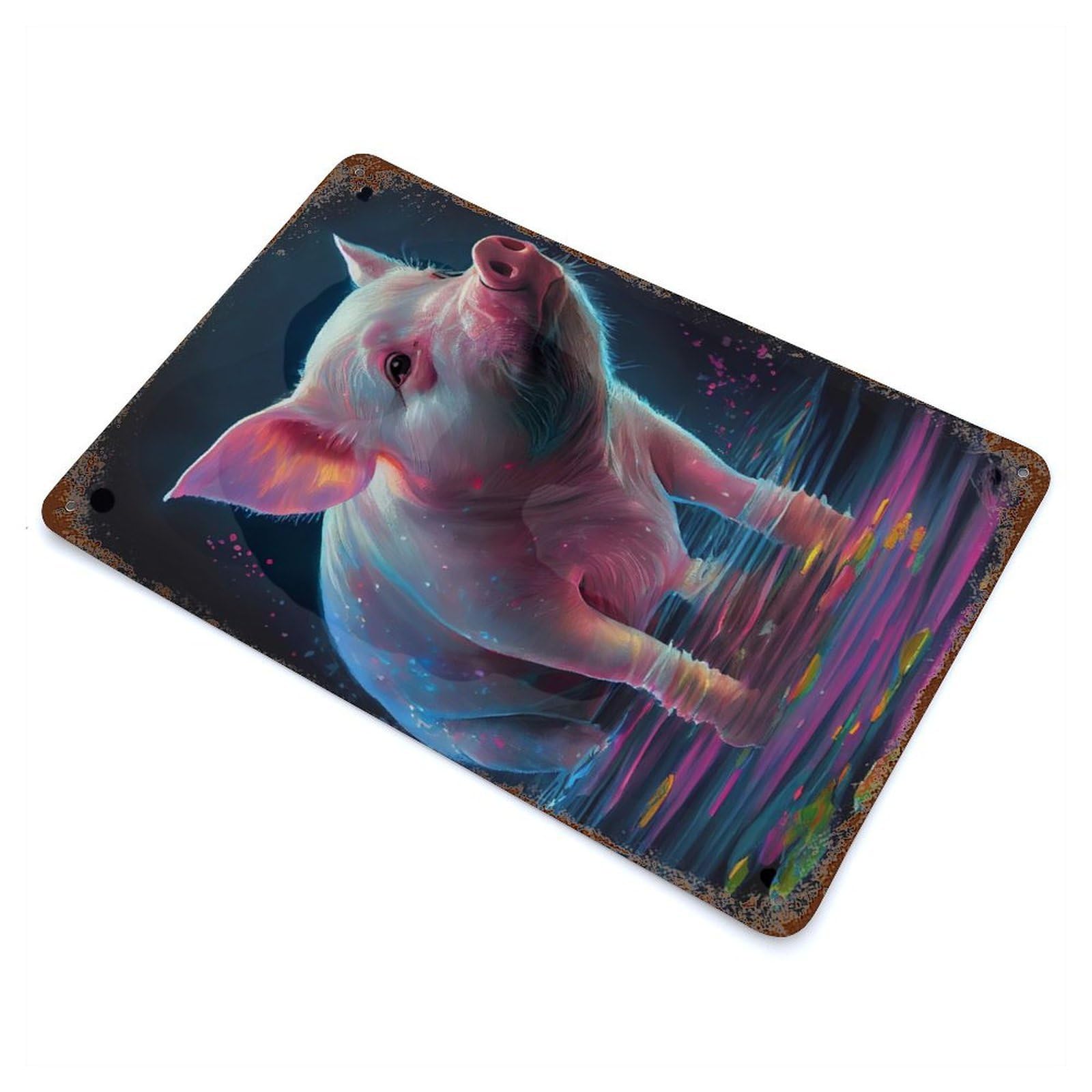 Farm Pig Oil Paint Aged Metal Wall Plaque 11.8"x7.9", for Living Room, Hallway And Home Decor, Shabby Chic Decor