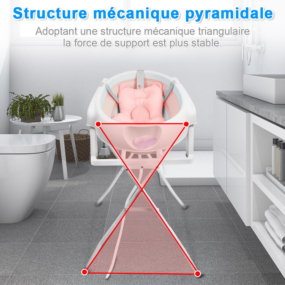 Bañera para bebé con soporte de 84,5 cm, bañera de bebe sobre pie, segura y cómoda, cuenca plegable para bebe con termómetro y cojín de baño (63 x 60 x 84,5 cm), color rosa