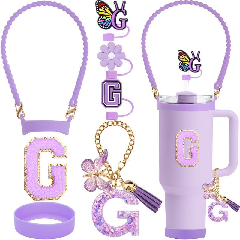 8PCS Purple Accessories Set for Stanley Cup, 3PCS 0.4"/10mm Straw Topper, Silicone Water Bottle Handle, Boot for Stanley 30&40 Oz, Letter Charm Chain, Sticker Initial (Letter G, Purple)