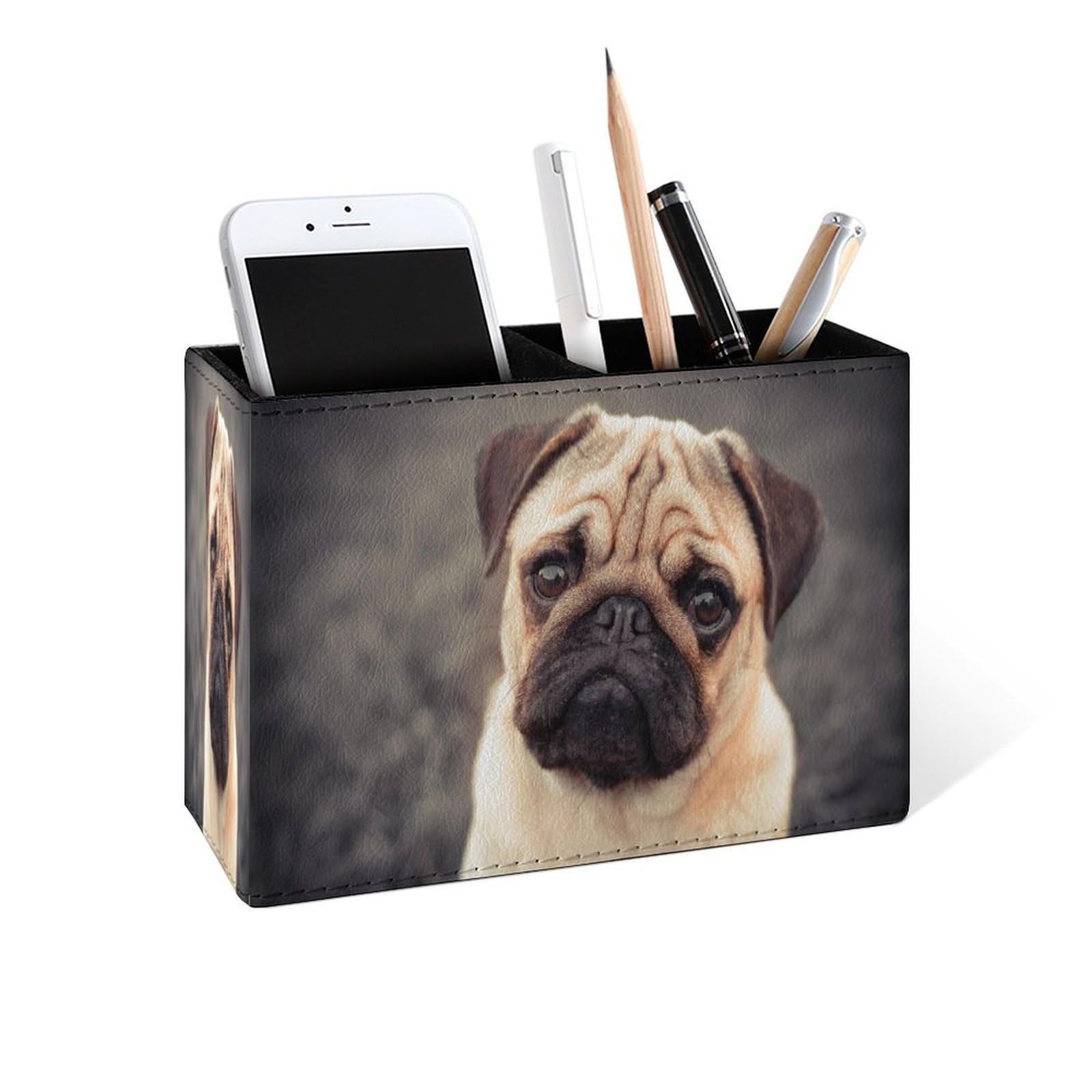 Famame 3D Pug Dog Puppy Pencil Holder for Desk, Leather Desktop Container Pen Cup Storage Study Table Pen Organizer Makeup Brushes Holder for Office Home