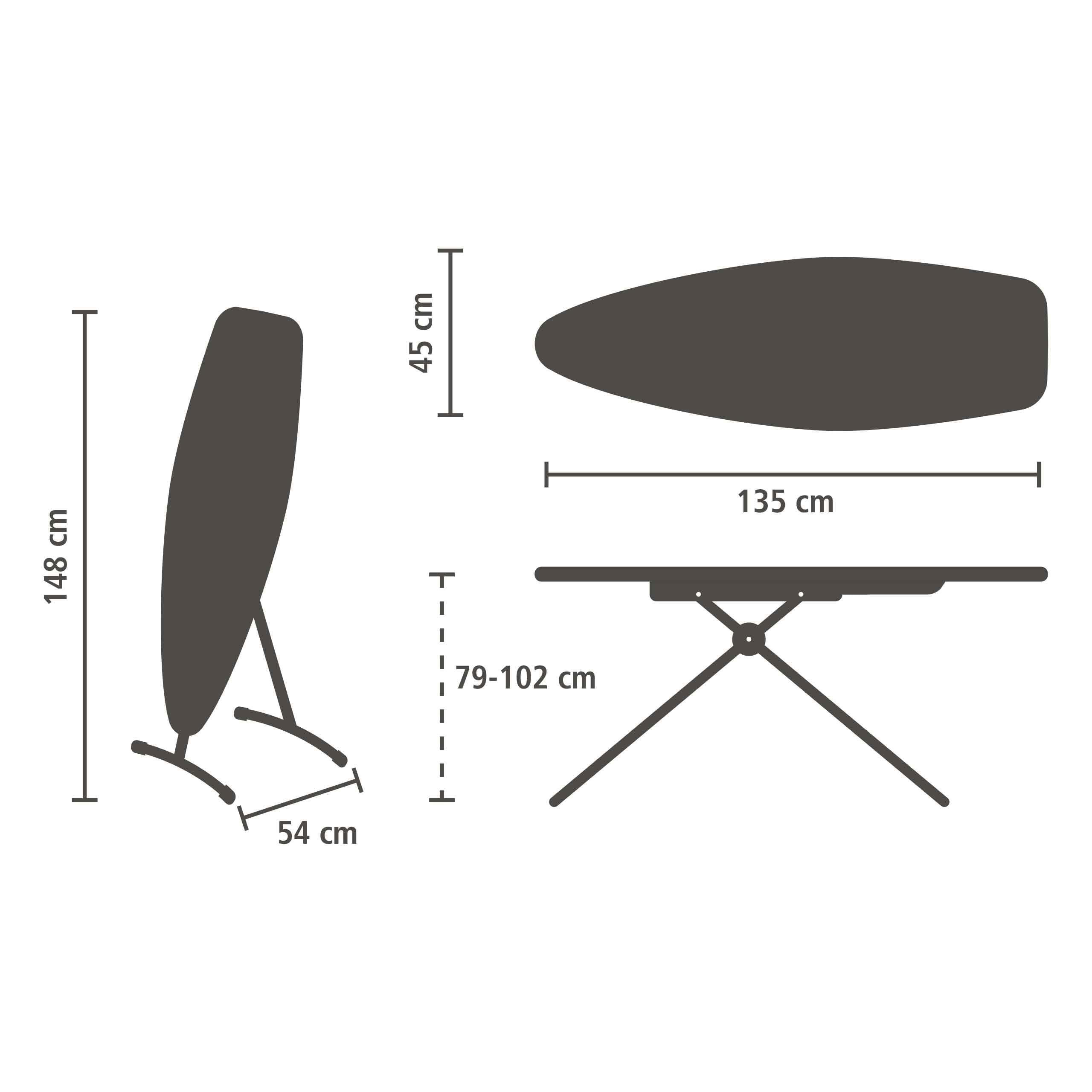 Brabantia Asse da stiro D 135 cm x 45 cm (Denim Black), Tavola da stiro grande 2 in 1 per stiratura verticale e a vapore, Asse con piano di lavoro termoresistente